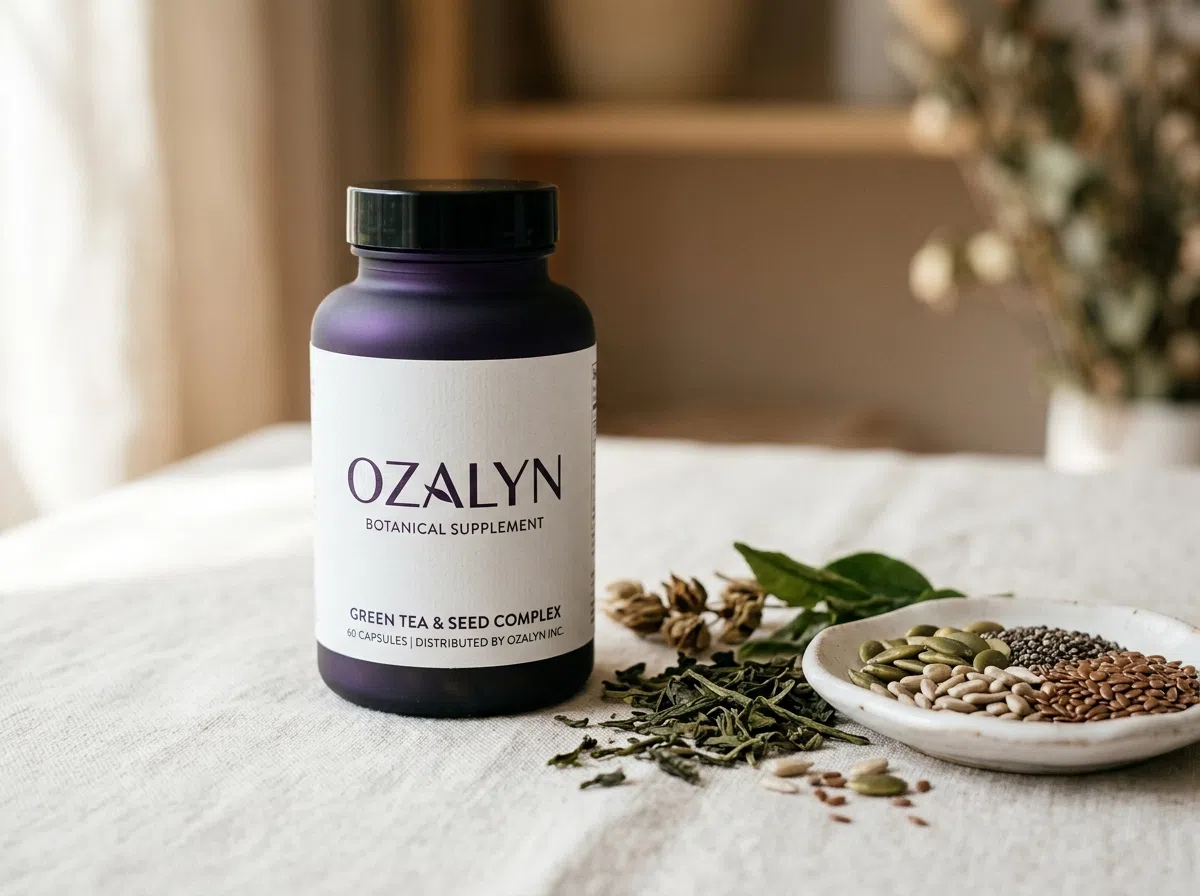Ozalyn supplement met botanische ingrediënten op linnen ondergrond